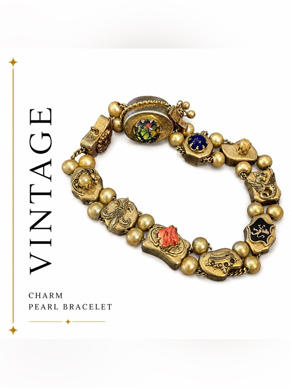 Vintage Ocean Charm Bracelet Brass Faux Pearl Coral Mosaic Art Glass